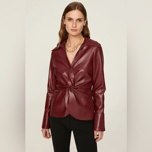 Cinq à Sept Mckenna Twist Front Faux Leather Top in Burgundy